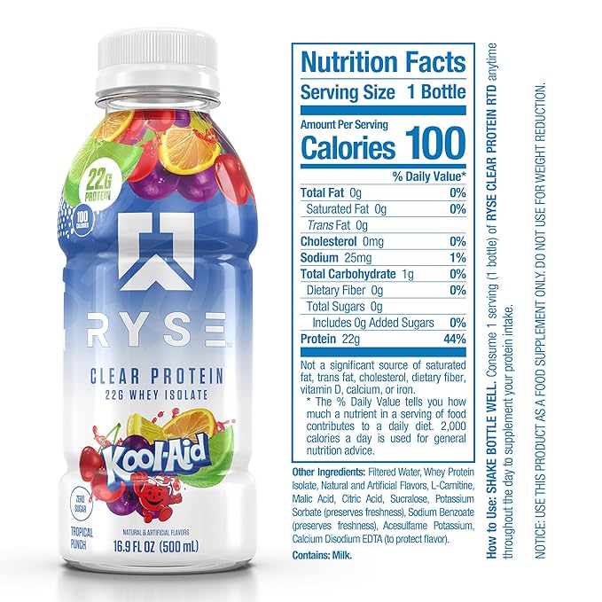 RYSE Clear Protein Shake - Kool-Aid Tropical Punch - 100 Calories, 22g Whey Isolate Protein, Sugar-Free, 0g Fat & Lactose-Free - Refreshing Ready-to-Drink Beverage - 16.9 fl oz Bottles (12-Pack)