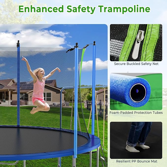 12FT 14FT Trampoline with Slide and Swings, ASTM Approved Outdoor Trampoline with Basketball Hoop and Ladder, Capacity for 5-7 Kids and Adults