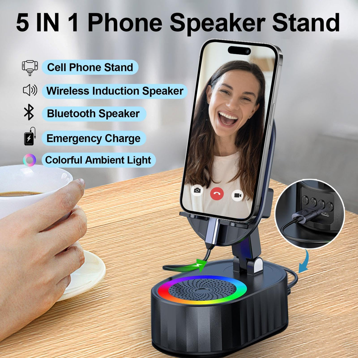 AKLLCCR Wireless Induction Audio Bluetooth Speaker 5in1 Phone Holder Emergency Rechargeable (3000mAh) with Colorful Ambient Light 300° Foldable for Tablet iPhone Android, Gifts for Men Women (Black)