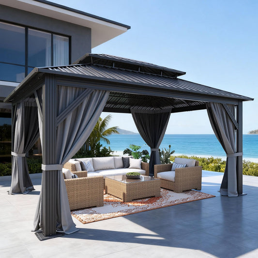 DWVO Hardtop Gazebo with Nettings and Curtains, Heavy Duty Galvanized Steel Outdoor Vertical Stripes Roof for Patio, Backyard, Deck, Lawns, Gray, 16x12ft
