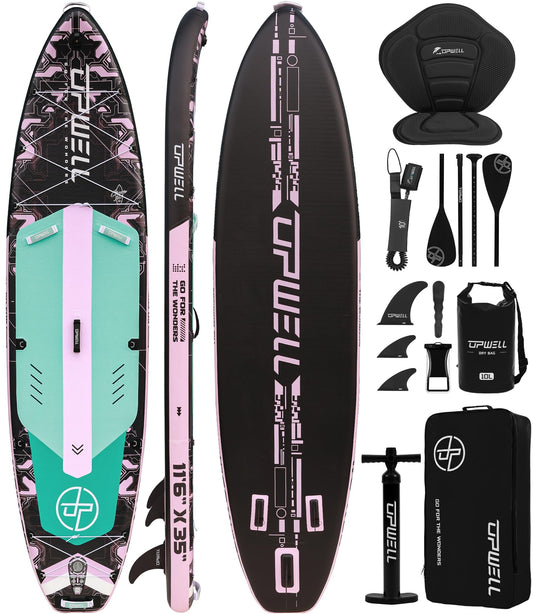 UPWELL 11'6"×35" Extra Wide Inflatable Paddle Board, Stand Up Paddle Board with Kayak Seat, Sup Paddle Boards for Adults, Mech Pink