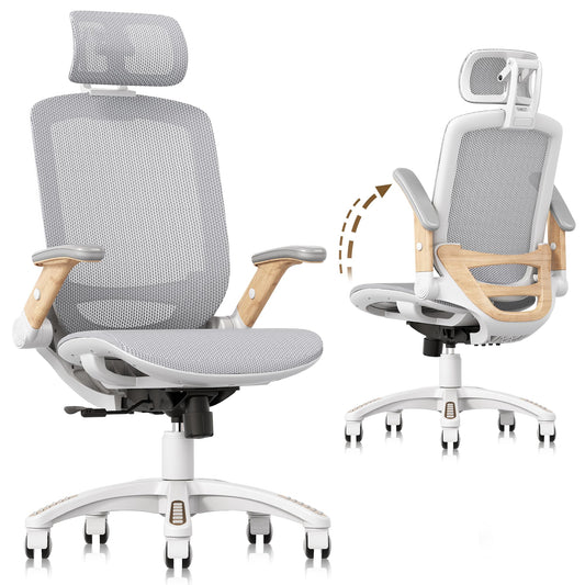GABRYLLY Ergonomic Office Chair, High Back Home Desk Chair with Flip-Up Arms, Headrest, 90-120° Tilt and Wide Cushion, 300LBS White Mesh Chair for Work Gaming Study (GY01-NT, Woodgrain Pattern)