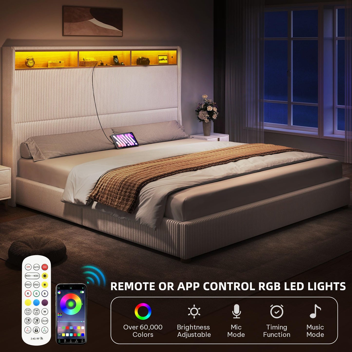 DWVO King Size Corduroy Upholstered Platform Bed Frame with Charging Station and RGB LED Lights, 53’’ Tall Storage Wingback Headboard, No Box Spring Needed, Easy Assembly, Noise-Free, White