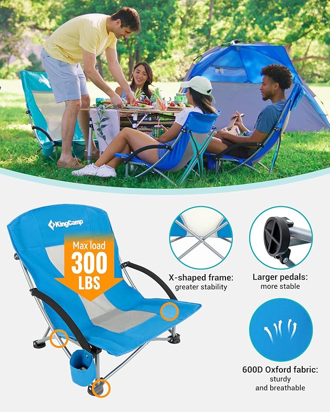 KingCamp Low Beach Chairs, Portable Folding Chair for Adults Extra Wide Ergonomic High Back Seat 300lbs Heavy Duty Lightweight Oversized Gear with Carry Bag for Outdoor Lawn Camping Picnic