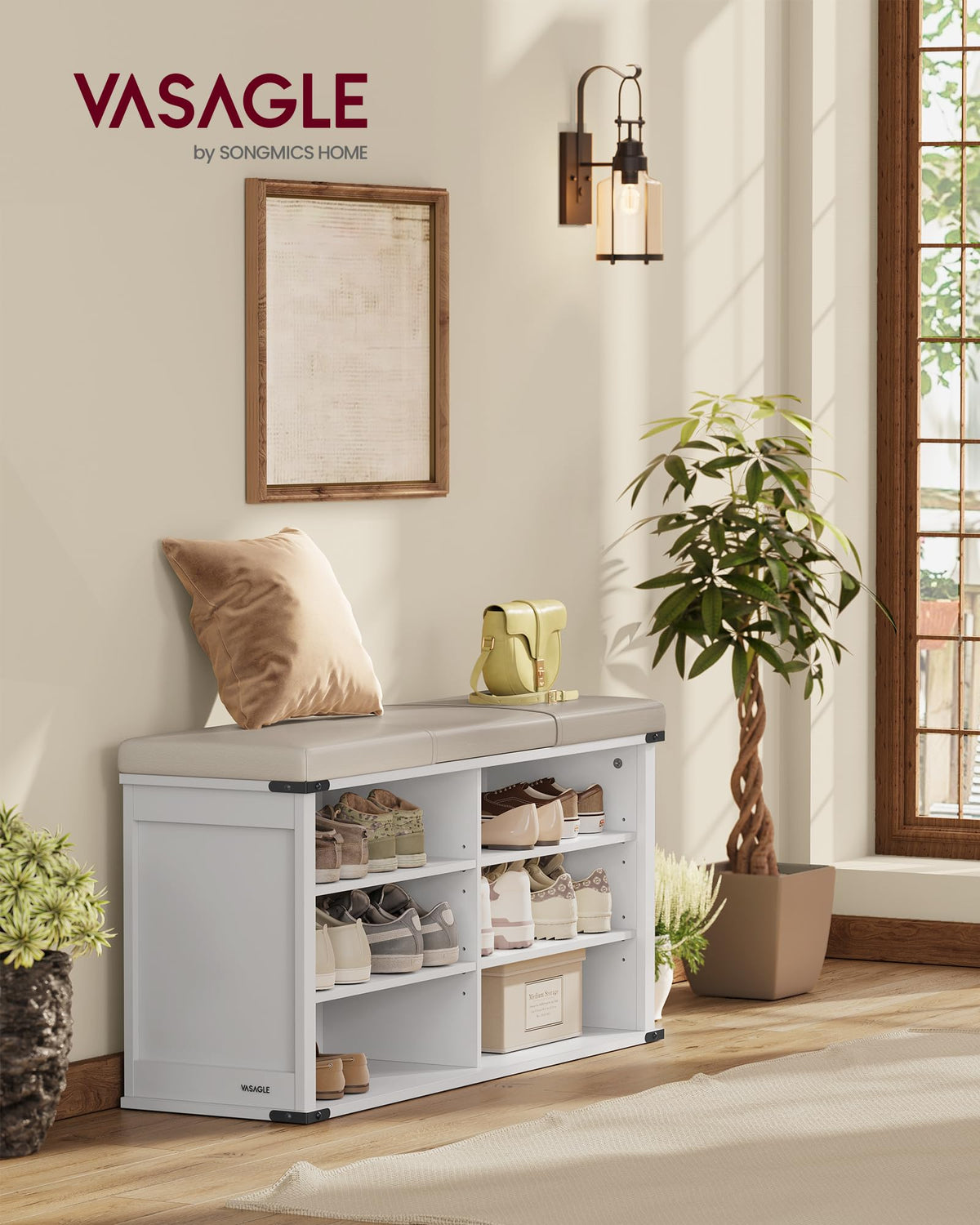 VASAGLE Shoe Storage Bench with Removable Cushion, Shoe Rack with Padded Seat, Entryway Bench with 6 Open Compartmens, Adjustable Shelves, for Hallway, Bedroom, Cloud White ULSB105W01