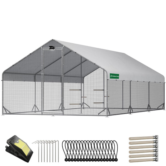 Large Walk-in Metal Chicken Coop with Chicken Run & Hardware Cloth, Solar Light, Waterproof & UV-Resistant Cover, Outdoor Poultry Cage for Farm Use, 3 Room
