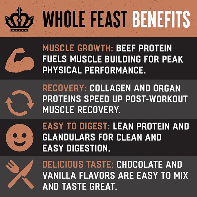 The Fittest Whole Feast Beef Protein Powder - Milk Chocolate - Grass Fed Nose to Tail Carnivore Blend Including Liver, Colostrum and Whole Bone - BCAAs - 14g Collagen, 21g Total Protein