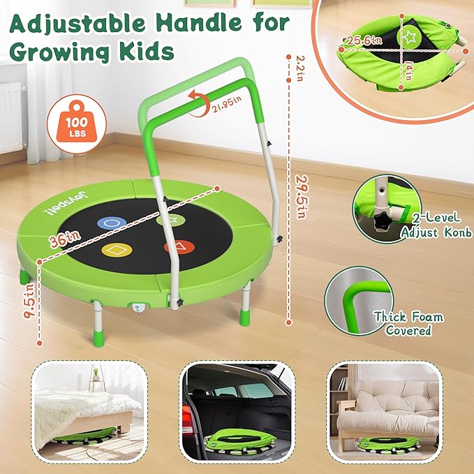 3FT Toddler Trampoline with Adjustable Handlebar, 36" Foldable & Spring-Free, Mini Kids Indoor Outdoor Trampoline for Ages 1-6, Noiseless Jumping Mat, Safe & Sturdy Design, Supports Up to 100 lbs