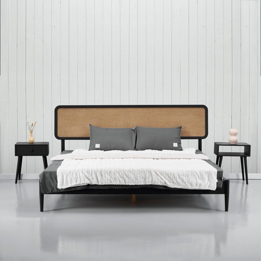 NTC Lupin Wooden Bed Frame with Headboard, Solid Oak and Rubber Wood Foundation with Silent Slats and Wood Central Supports, 1000 Lb Capacity, Effortless Assembly, Queen - Burnt Black