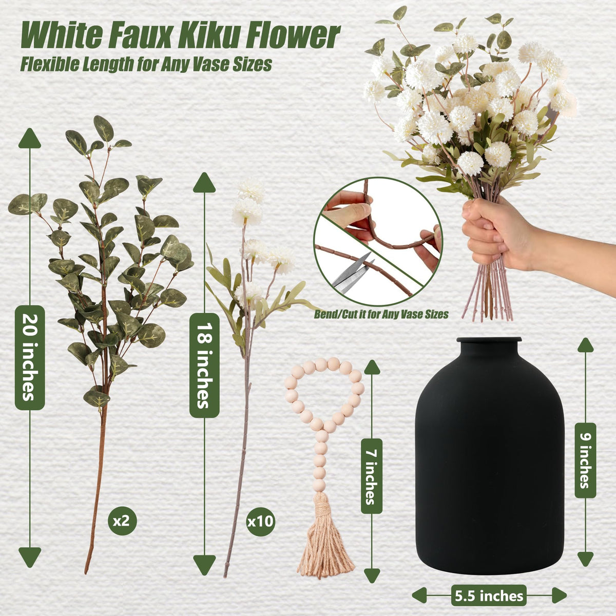 Toetopfae 20''H Fake Flowers in Large Vase for Centerpiece Table Decorations with 10Pcs Fake Mums Flowers Eucalyptus Stems Faux Pompon Kiku Flowers Arrangement for Home Decor (White/Black Vase)