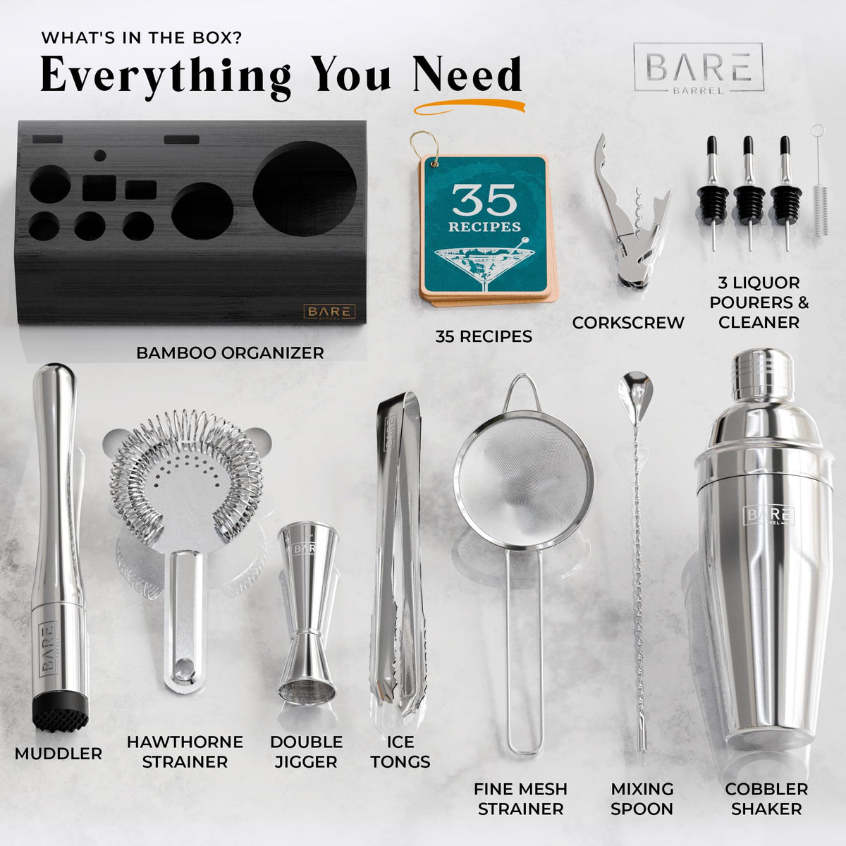 BARE BARREL® Mixology Bartender Kit Bar Set | 14-Piece Cocktail Shaker Set | Martini Barware Mixing Tools for Home Bartending | Incl. 35 Recipe Cards | Gift Set (24oz Cobbler Shaker, Silver/Black)