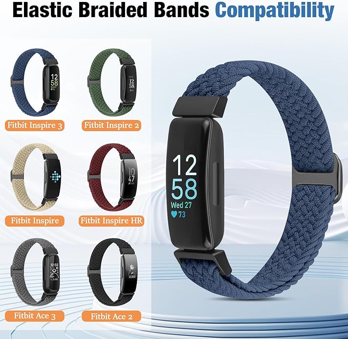 Elastic Braided Watch Band Compatible with Fitbit Inspire 3/Inspire 2/Inspire/Inspire HR/Fitbit ace 3/Ace 2, Adjustable Stretchy Strap Sport Nylon Loop Replacement Wristband for Fitbit Inspire