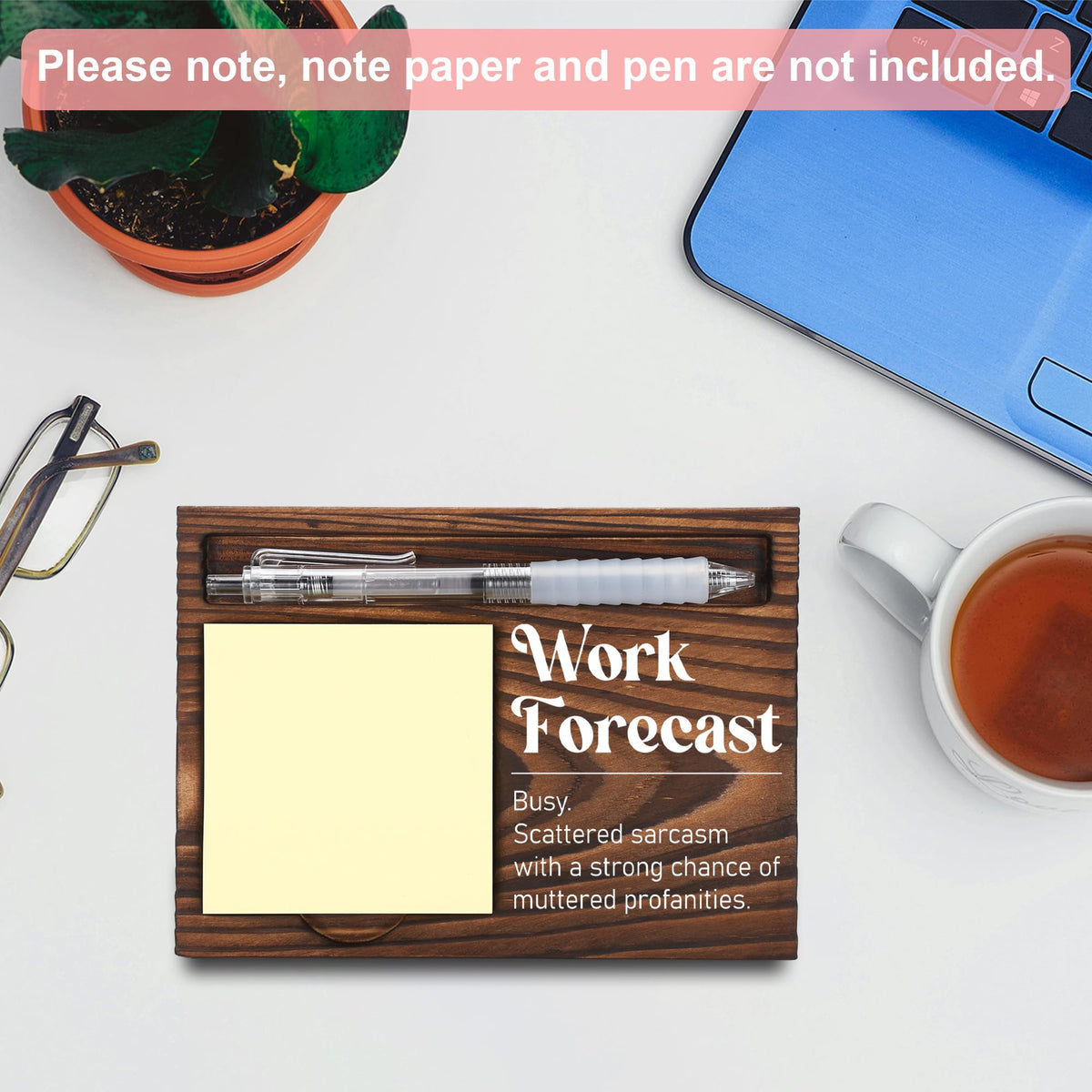 Funny Office Work Gifts for Coworker, Sarcastic Gag Going Away Farewell Gifts, Work Forecast Sticky Note Holder, Post-it Note Dispenser for Desk, Wooden Post-it Note & Pen Holder 6.5" x 4.7" - FTA110