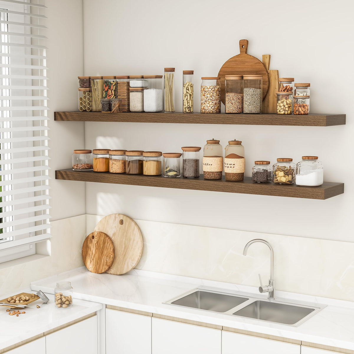 RICHFOCUS 72Inch Floating Shelves for Wall 2 Pack Shelves for Bedroom|Kitchen|Bathroom Wall Mounted Rustic Wood Floating Shelf with Invisible Brackets for Books|Storage|Decor, Walnut