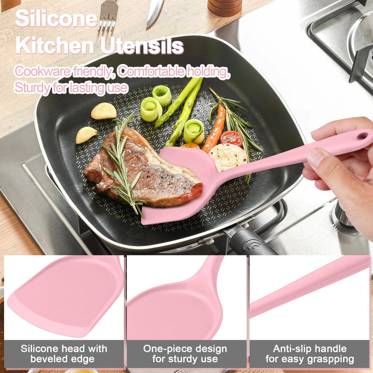 P&P CHEF Kitchen Utensil Set, 4 Pieces Non-stick Silicone Cooking Utensils, Heat-resistant Slotted Solid Spoon Turner for Frying, Mixing, Serving, Non-toxic & Easy to Clean, Pink