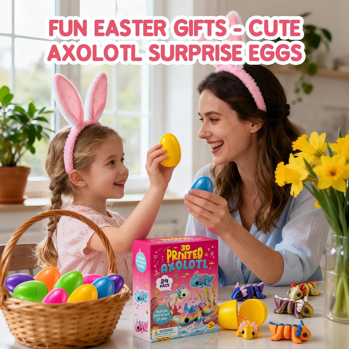 Skiennix Easter Basket Stuffers - 24 Pack Prefilled Easter Eggs with 3D Printed Axolotl Toys - Fun Mini Fidget Figures for Kids