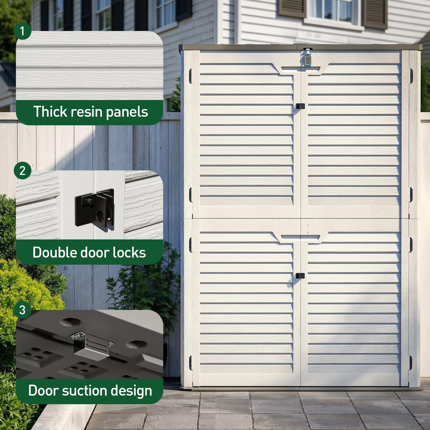 WillowLume 65 Cu.Ft Outdoor Storage Shed, Lockable Outdoor Vertical Resin Storage Cabinet with Floor, All-Weather Waterproof Shed for Garden, Backyard, Pool (65 cu ft - Shelf Kit)