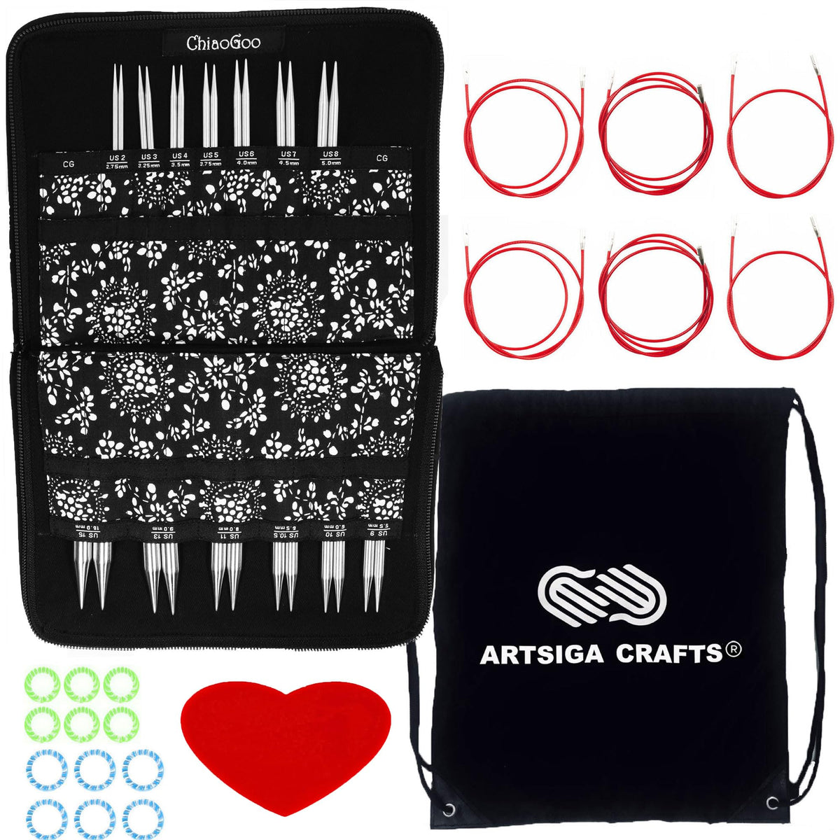 ChiaoGoo Twist Red Lace 5-Inch Complete 7500-C Interchangeable Circular Knitting Needle Set, Sizes US 2, 3, 4, 5, 6, 7, 8, 9, 10, 10.5, 11, 13, 15 with 6 Cords with Project Bag