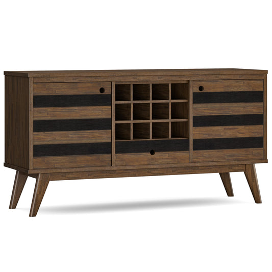 SIMPLIHOME Clarkson Buffet - 60 inch Wide Solid Acacia Wood 3-Door Sideboard Buffet in Rustic Natural Aged Brown, Mid-Century Cabinet for Dining Room or Kitchen with Wine Storage and Open Shelf