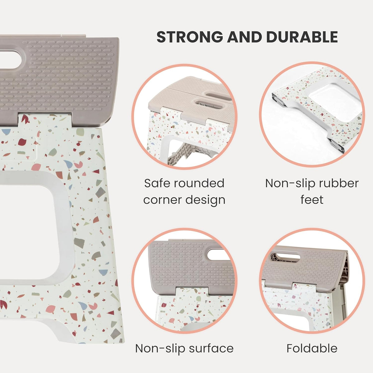 Vigar Foldable Step Stool - Lightweight Non-Slip Design for Adults | 12.5-Inch Grey Terrazzo Pattern, Supports 330 lbs