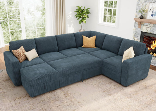 HONBAY Modular Sectional Sleeper Sofa with Pull Out Bed, Corduroy Couch with Storage, U Shaped Sectional Couches for Living Room, Blue