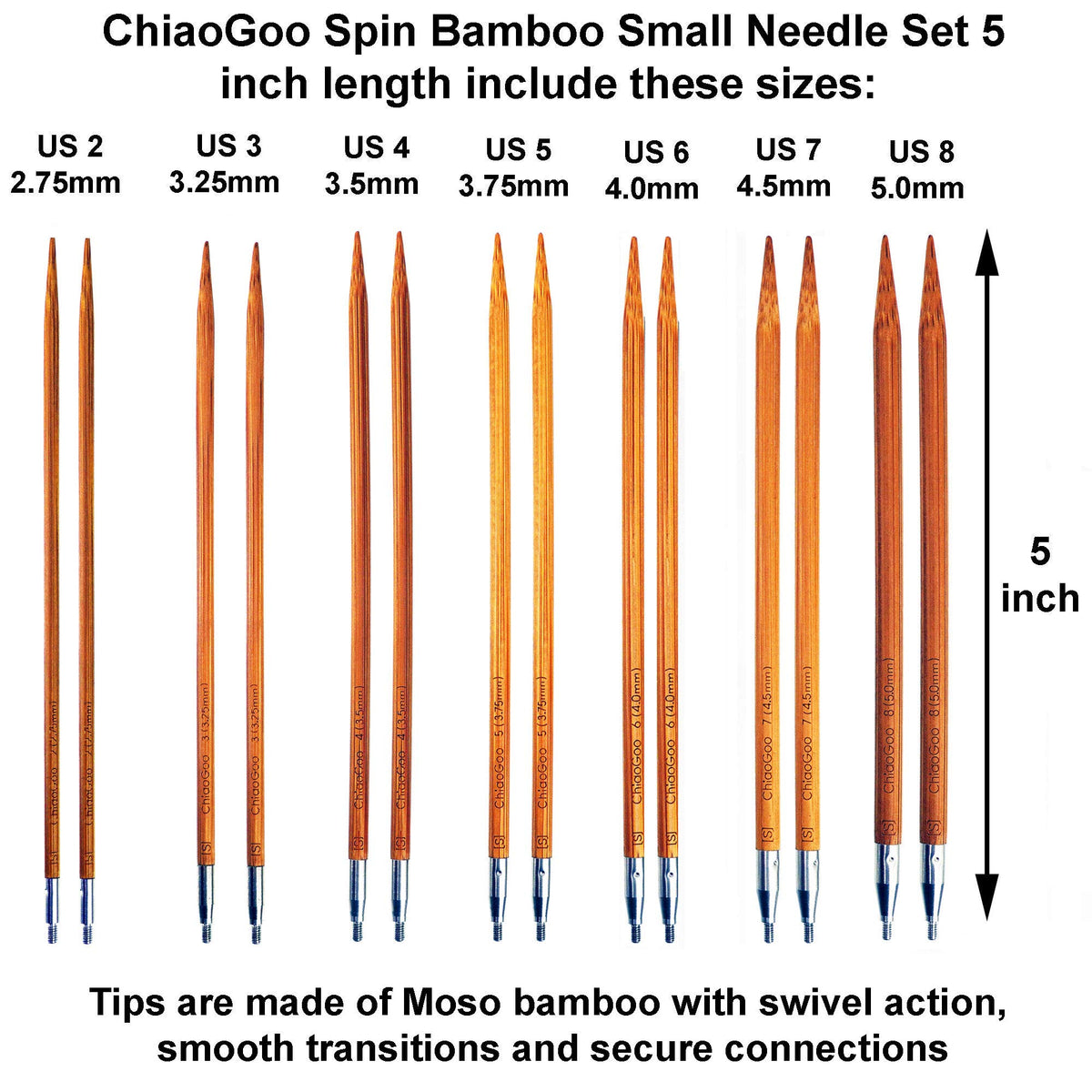 ChiaoGoo Spin Bamboo 5-Inch Small 2500-S Interchangeable Circular Knitting Needle Set, Sizes US 2, 3, 4, 5, 6, 7, 8 with 3 Cords, Connectors, Stitch Markers with Project Bag