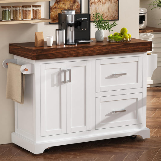 Trygoal 53" Large Kitchen Island with Ultra-Thick 3.5" Countertop, Heavy-Duty Rolling Storage Cart on 5 Wheels, 2 Extra-Large Drawers, Adjustable Cabinet Shelf, for Kitchen, White