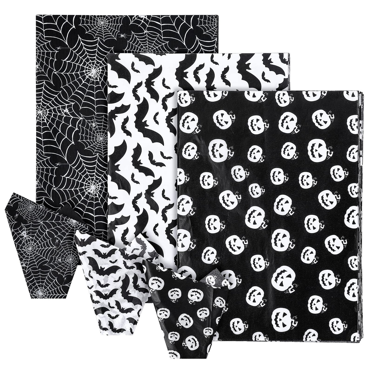 Whaline 120 Sheet Halloween Tissue Paper Black and White Wrap Tissue Paper with Cobweb Bat Pumpkin Pattern Gift Wrapping Paper for Fall Halloween Party Gift Packing DIY Craft, 13.8 x 19.7 Inch