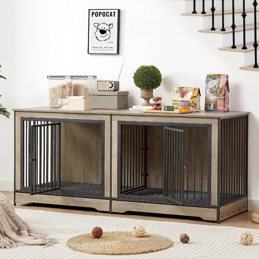Rovibek 75'' Double Dog Crate Furniture for 2 Large Dogs, Heavy Duty Furniture Style Dog Crates End Table, Wood Crates for Dogs Kennel Indoor with Double Door, Grey