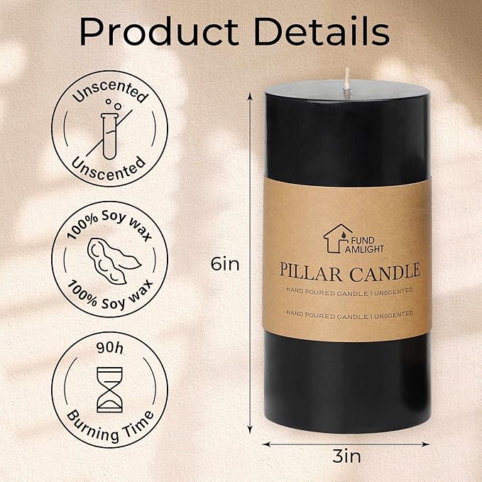 3x6 Inch Black Pillar Candles Set of 3 - Decorative Unscented Pillar Candle, Long Burning Dripless Candle for Home Table Decor, Smokeless Large Pillar Candles for Wedding, Dinner, Halloween Decor