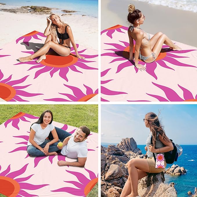 Large Beach Blanket Waterproof Sandproof, 86"×78" Beach Mat Sand Free for 2-4 Adults with Stakes and Sand Pocket, Foldable Picnic Blankets for Outdoor, Camping Hiking, Vacation Essentials-Boho Sunset