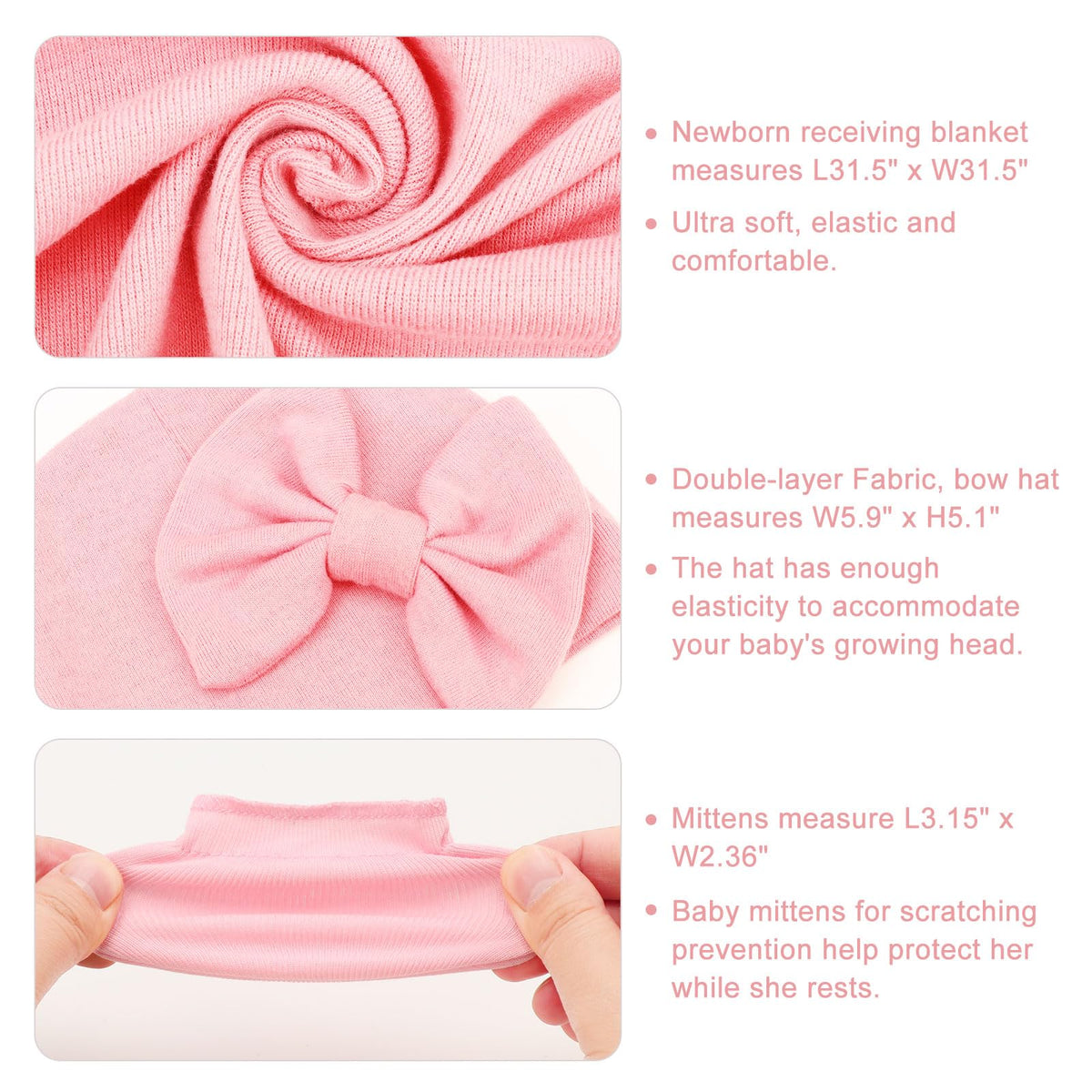 AQOKKA Newborn Receiving Blanket with Bow Hat Mittens Set Nursery Swaddle Wrap Toddler Swaddles for Newborn Baby Boy Girl