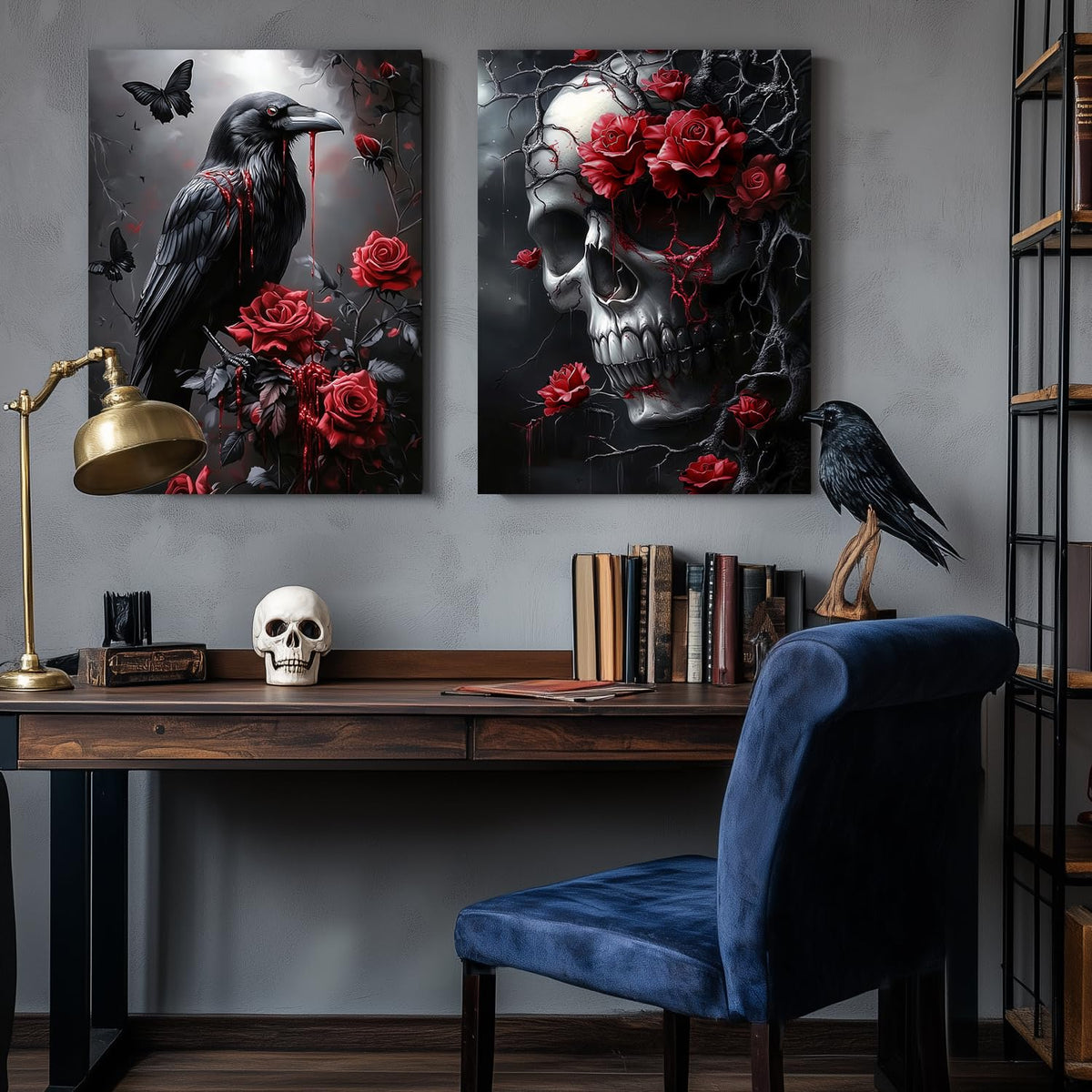 Hianan Horror Gothic Canvas Wall Art, Romance Raven Rose Halloween Wall Decor, Bloodthirst Goth Crow Rose Poster Prints, Dark Goth Skull Aesthetic Pictures for Bathroom Living Room Framed 12"x16"x3