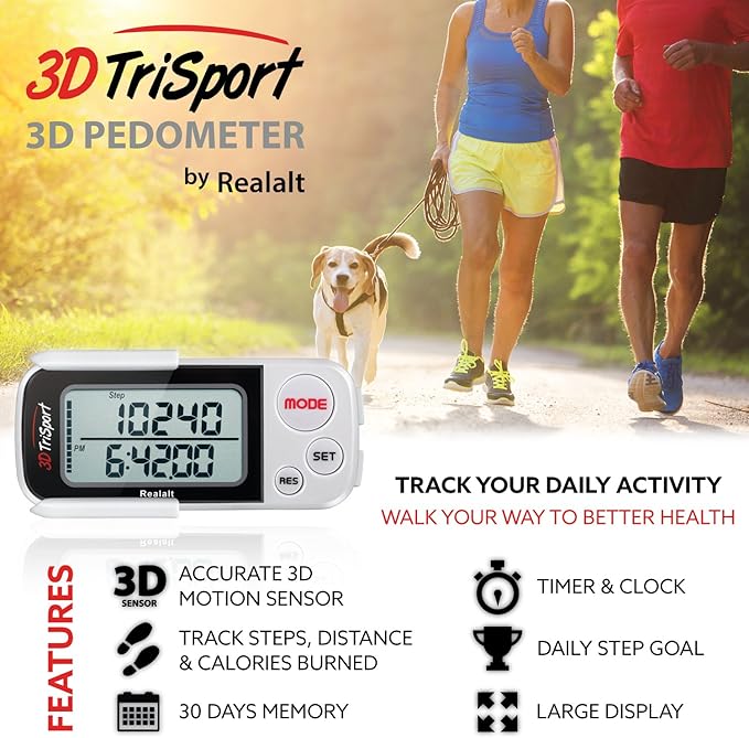 3DTriSport Walking 3D Pedometer with Clip & Strap, eBook Included | 30 Days Memory, Accurate Step Counter, Walking Distance Miles/Km, Calorie Counter, Daily Exercise Time Monitor