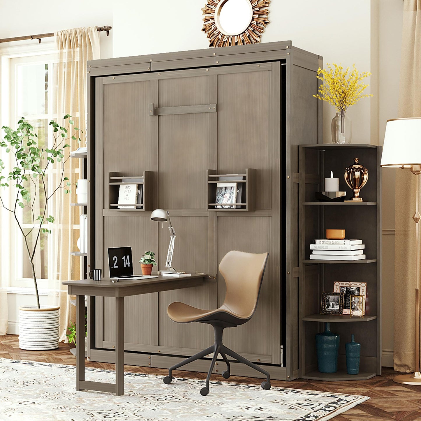 Rotating Full Murphy Bed with Hidden Wall Cabinet, Dual 3-Tier Side Shelves, Convertible Desk, Extra Storage Racks, Space-Saving Multifunctional Wall Bed for Home Office &Small Rooms, Gray