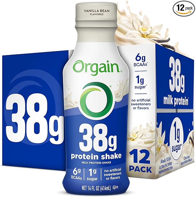 Orgain 38g High Protein Shake, Dairy Isolate Protein Milk, Vanilla, 6g BCAAs, 1g Sugar Per Serving, Meal Replacement, Ready to Drink, Keto Friendly, Gluten-Free 14 Fl Oz (Pack of 12)
