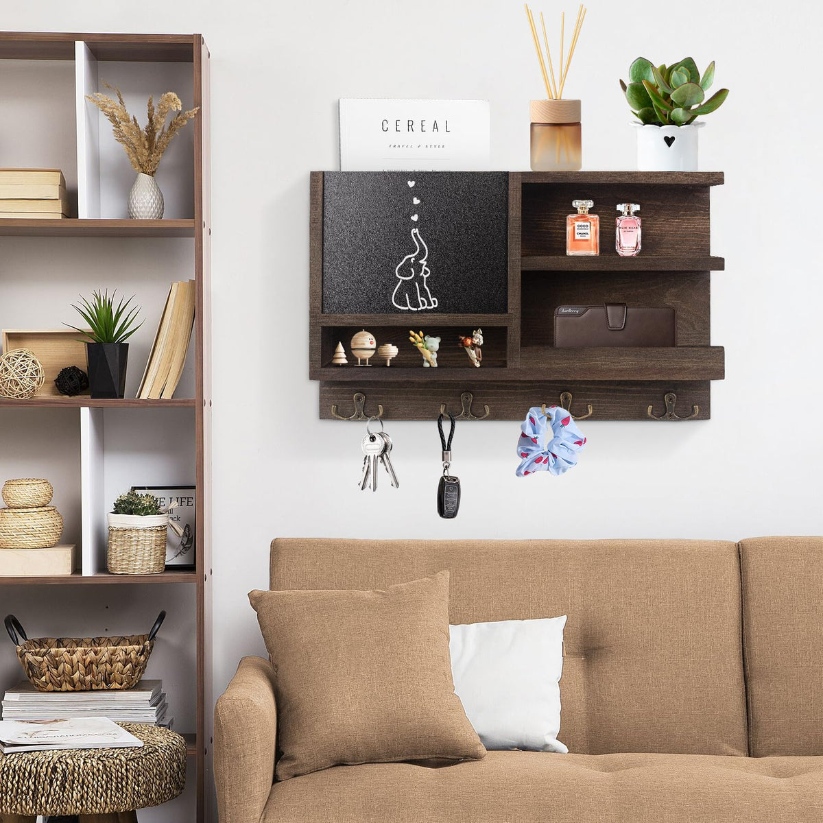 WEWEOW Key Holder for Wall, Mail Organizer Wall Mount with Key Hooks and Chalkboard & Mirror for Sunglasses Storage and Dog Leash Hanger, Decorative with 4 Double Hooks