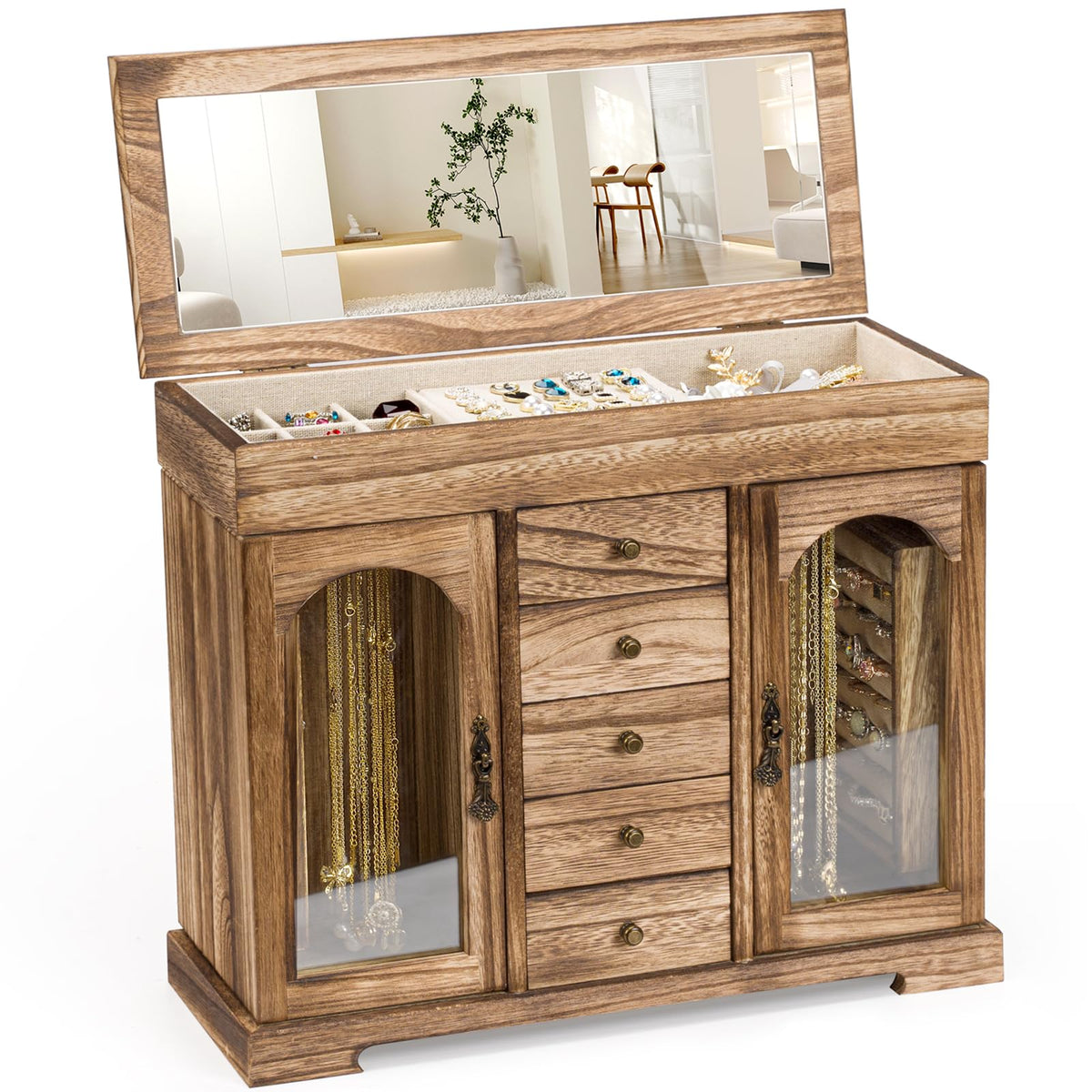 Miratino Jewelry Box for Women Girls, Rustic Wooden Jewelry Organizer Box with Mirror, 5 Layer Jewelry Storage Case Display for Necklaces Earrings Rings Bracelets Valentine's Day Gifts