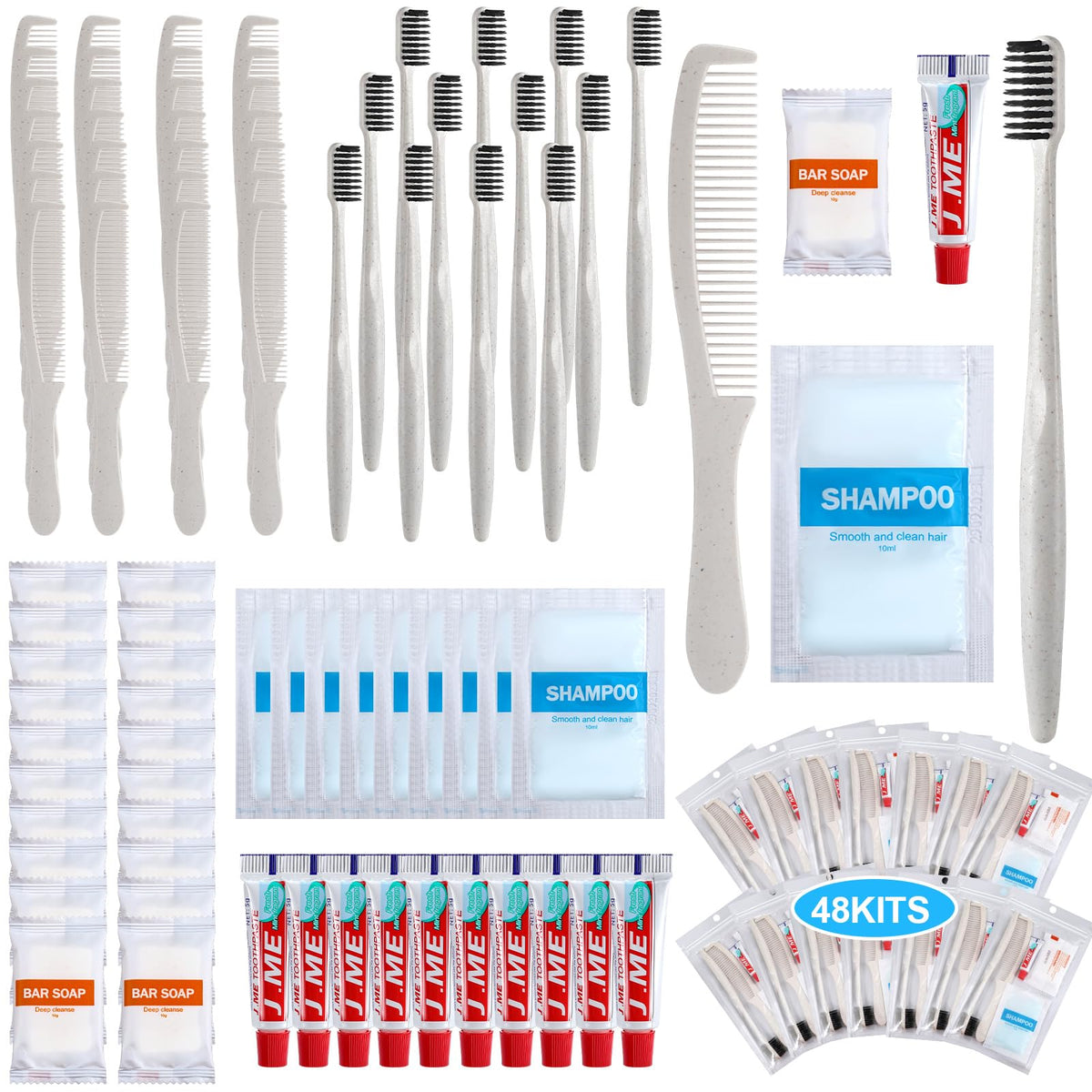Hushee 48 Sets Personal Hygiene Kit Basic Toiletry Kit Homeless Care Package for Men Women Travel Charity Business Include Shampoo Toothbrush Toothpaste Comb and Bath(White)
