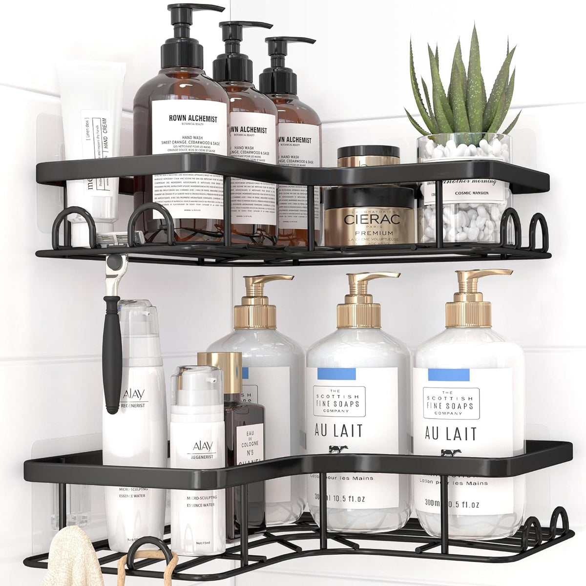 Sakugi Corner Shower Caddy - Rustproof Stainless Steel Organizers with 8 Hooks | No-Drill, Space-Saving, Black, 2 Pack