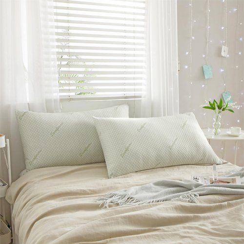 Dearfoams Bed Pillows - Standard/Queen Size - Set of 2 - 85% Polyester and 15% Rayon Bamboo Bed Pillow with Soft Knit Cover for Back, Side and Stomach Sleepers
