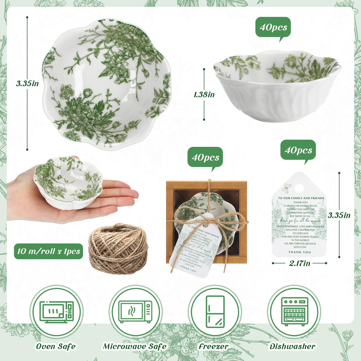 Teenyyou 40 Pack Wedding Favors for Guests Small Ceramic Bowls Bulk Gifts Set 3.3 Inch Sage Green Verdure Design Mini Dipping Bowl Sauce Dish with Cards Box for Party Shower Favor Souvenir