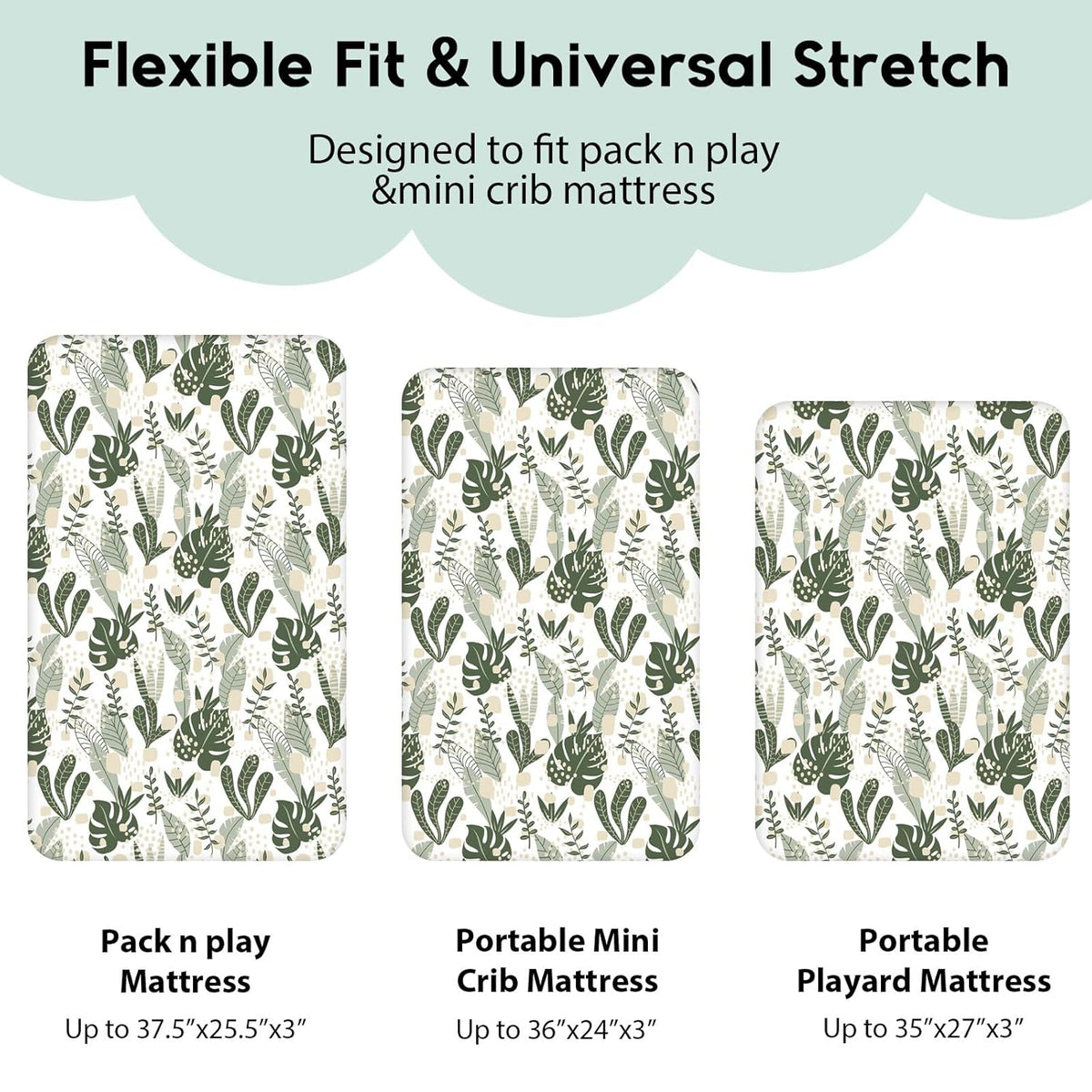 Yoofoss Fitted Pack and Play Sheets - Soft, Breathable Mini Crib Sheets 2-Pack (Green + Banana Leaves)
