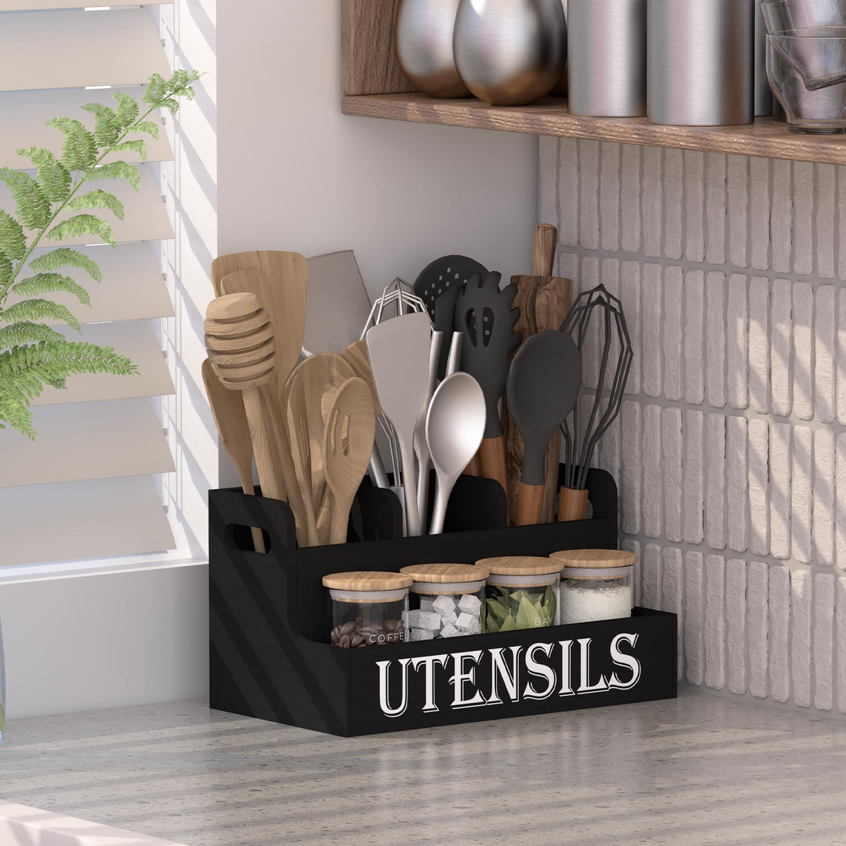 Suli Kitchen Utensils Holder, Wooden Utensil Organizer for Kitchen Countertop, Farmhouse Utensil Storage, Rustic Cooking Utensils ,4 Compartments,- Black