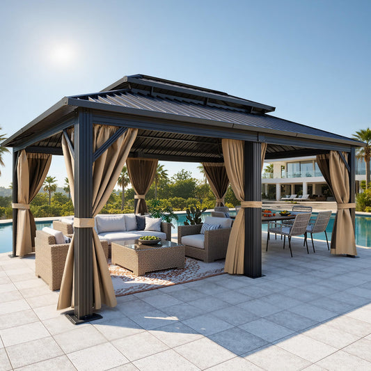 DWVO 12x18ft Aluminum Gazebo Hardtop Double Roof Canopy Outdoor Gazebo Galvanized Roof with Netting and Curtain Garden Tent for Patio, Backyard and Deck