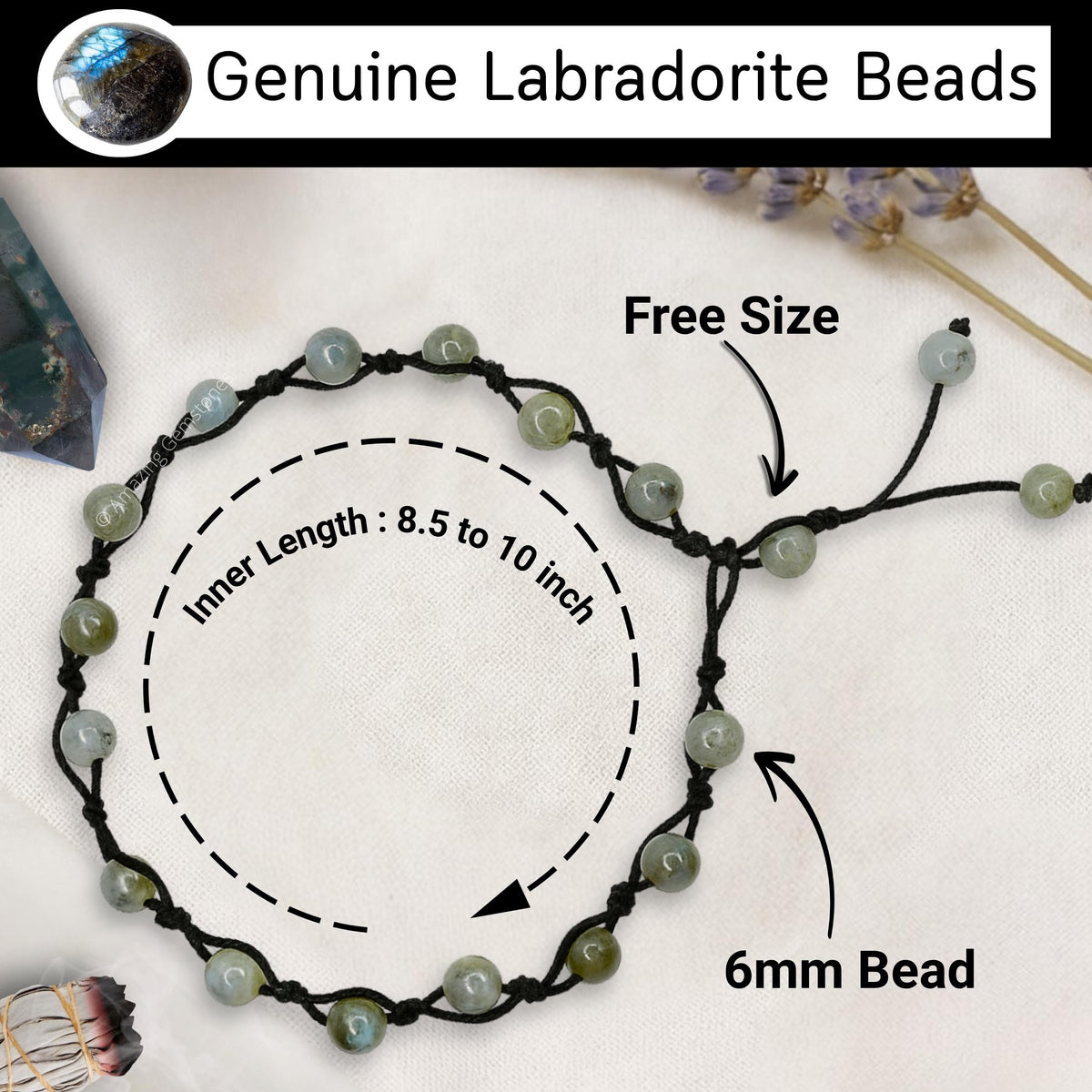 Amazing Gemstone Labradorite Anklet Ankle Bracelets for Women - Waterproof Beaded Healing Crystal Anklets, Plus Size Chakra Gemstone Bead Anklet (Stretchy Adjustable - Hand Knotted)
