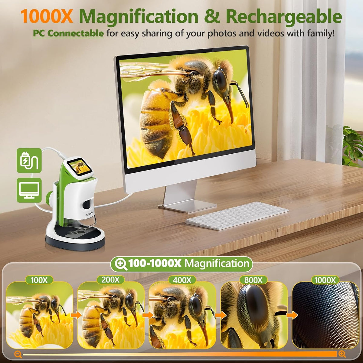 BEBANG 4K 2.0" 1000X 4-12 Set, 32G Detachable Kids Handheld Microscope Miniscope - HD Screen, Digital Pocket Toy