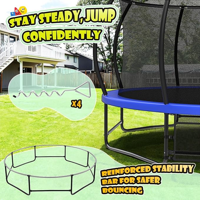 12 14 15 16FT Trampoline Outdoor with Basketball Hoop, Trampoline with Lights for Kids and Adults, Recreational Trampolin with Sprinkler, Stakes