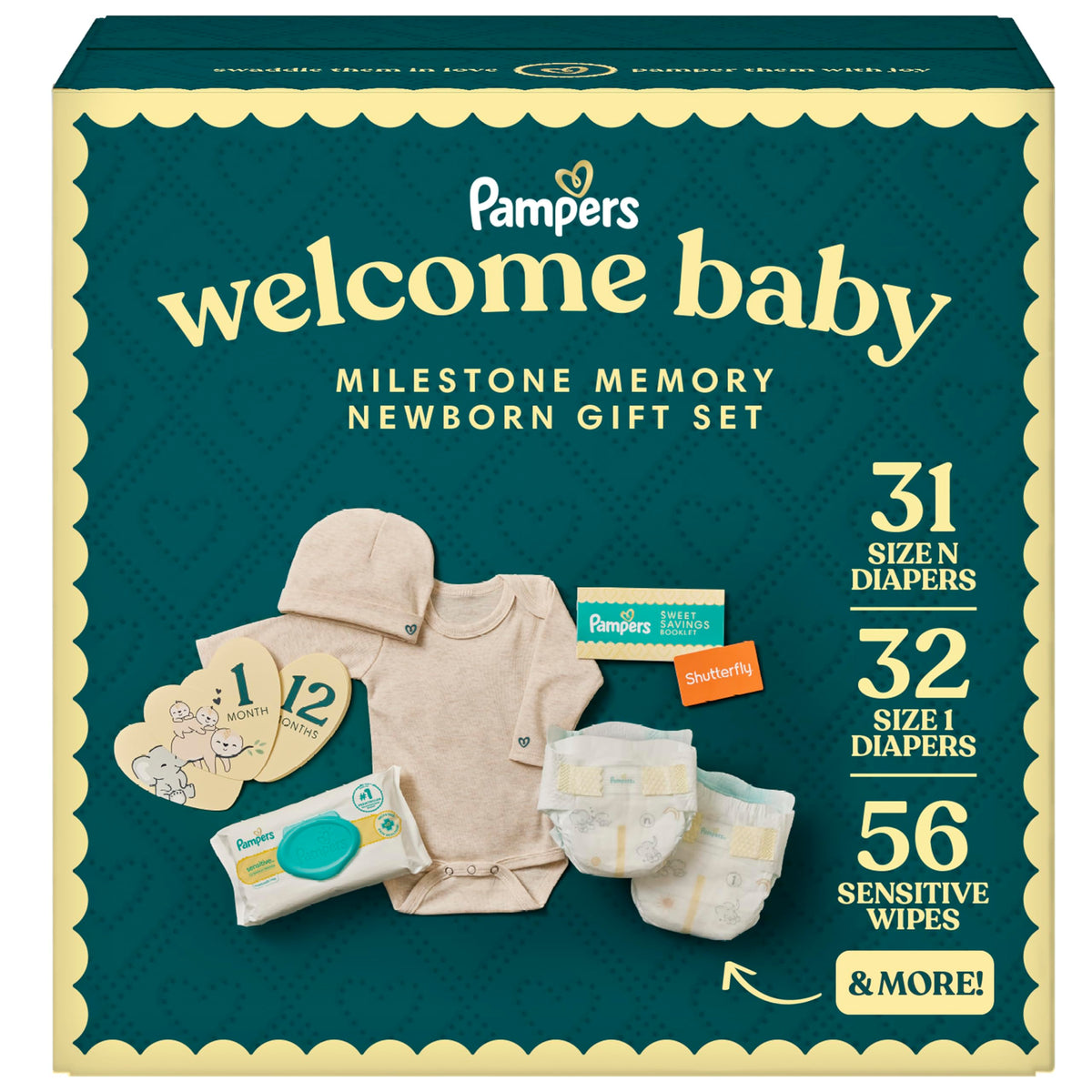 Pampers Gift Set, Disposable Diapers, Sensitive Wipes, & Milestone Gifts