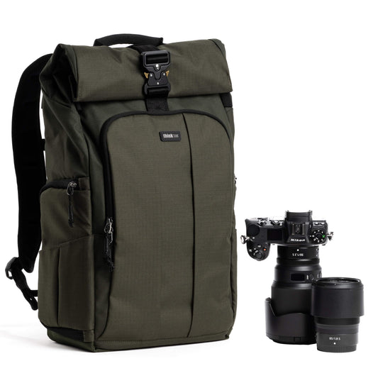 Think Tank FocusPoint 30L RollTop Camera Backpack - Greenway: Expandable Travel & Camera Backpack with Laptop Sleeve, Quick Side and Back Access, Rain Cover – Versatile Photography & Travel Bag